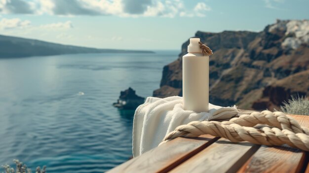 A bottle of body lotion placed next to towels in an elegant yacht overlooking the sea