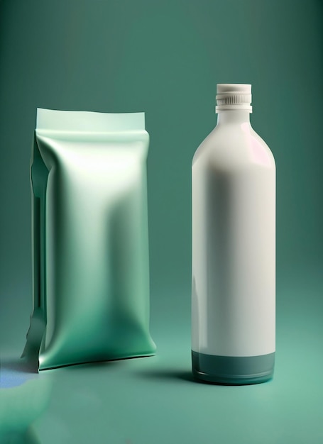 Photo a bottle and a bottle of alcohol are shown in a green background.