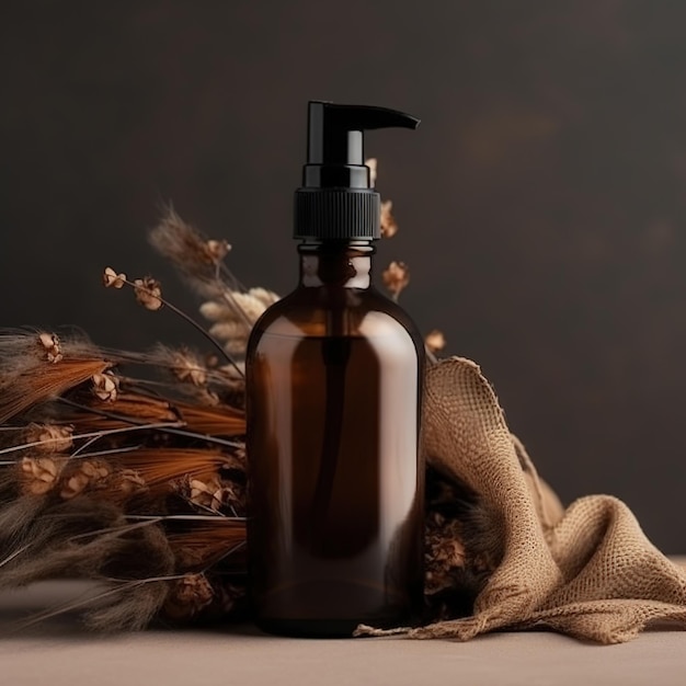 A bottle of brown liquid with a black top and a brown cloth on the table.