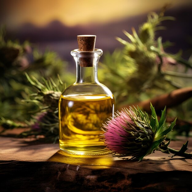 Photo bottle of burdock plant oil on backgroundsgenerated ai