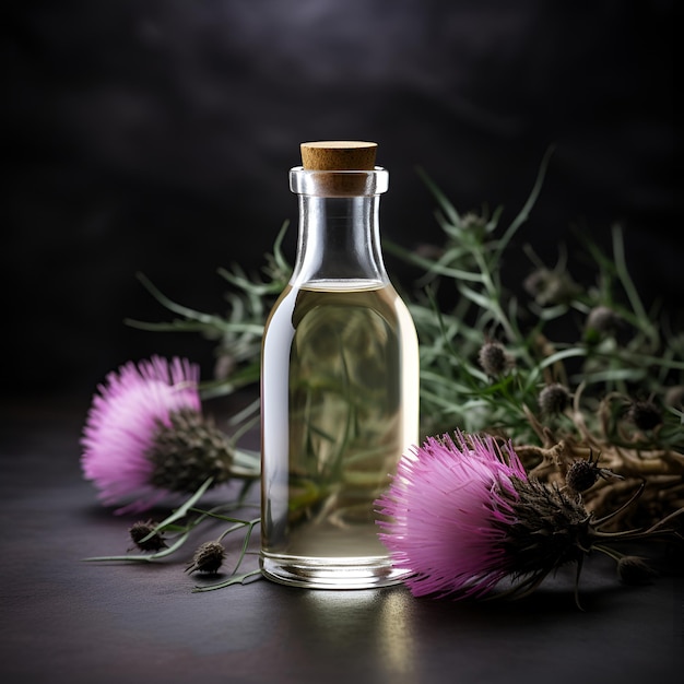 Photo bottle of burdock plant oil on backgroundsgenerated ai