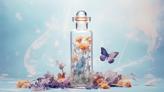 Photo a bottle of butterflies with butterflies on the bottom.