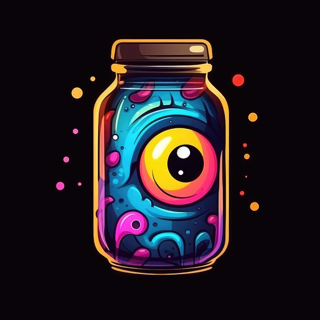 Photo bottle can jar eyes monster neon icon logo halloween scary illustration tattoo isolated vector