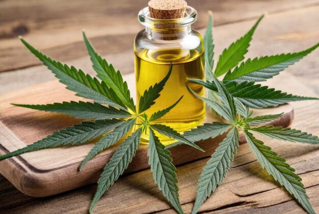 Photo a bottle cannabis oil sits on wooden table next to a plant