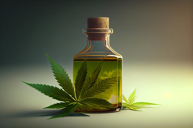 A bottle of cannabis oil with a green leaf on the top.