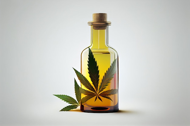 A bottle of cannabis oil with a leaf on the top