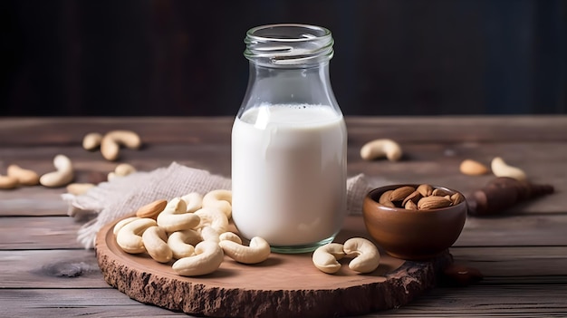 A bottle of cashew milk next to a bowl of cashews