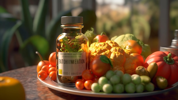 a bottle of cauliflower sits on a plate with vegetables.