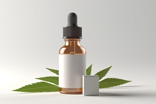 Бутылка масла cbd рядом с генеративным изображением листьев конопли ai