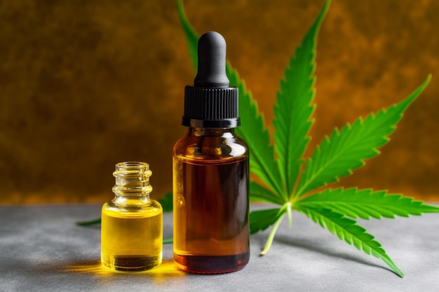 a bottle of cbd oil next to a cannabis leaf
