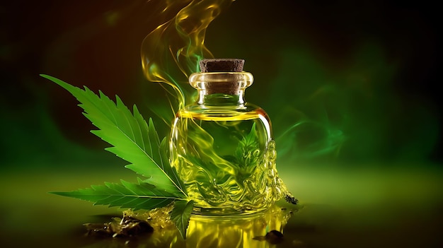 Бутылка масла cbd с зеленым листом на заднем плане