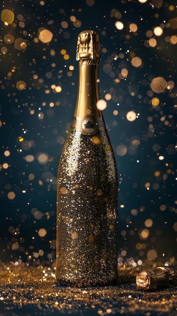 Photo a bottle of champagne adorned with gold glitter