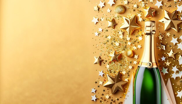 Bottle of champagne and colorful confetti on colored background top view flay lay