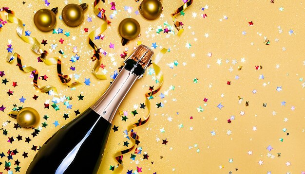 Bottle of champagne and colorful confetti on colored background top view flay lay