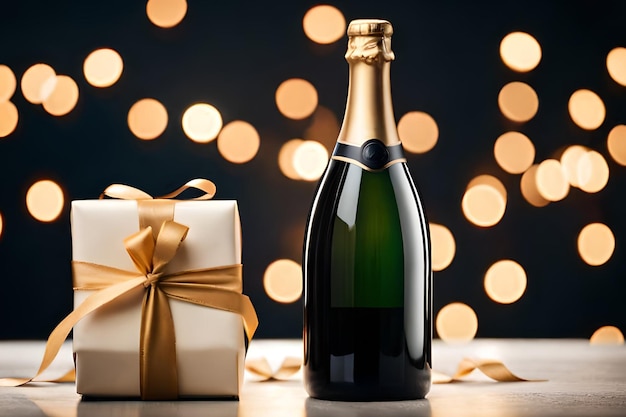 A bottle of champagne next to a gift box with a gold ribbon.