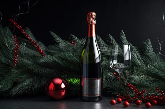 Bottle of champagne and glass on black background with christmas decoration Happy New Year Merry Christmass Generative AI