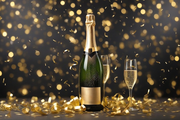 Bottle of champagne and glasses on table against bokeh background