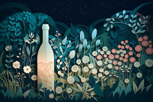 A bottle of champagne is in the grass with flowers on the left