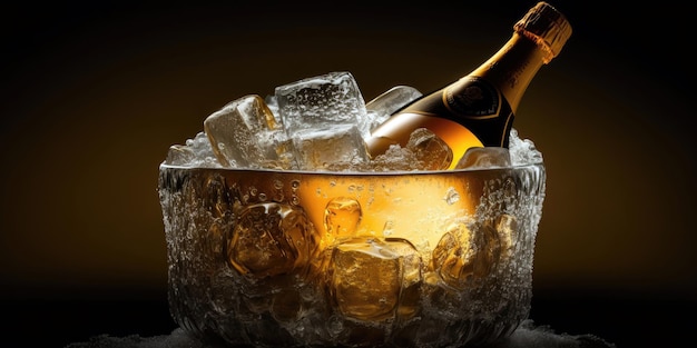 A bottle of champagne is poured into a glass with ice.