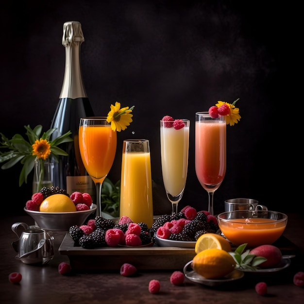 シャンパンのボトルがテーブルの上にあり、果物の束とシャンパンのボトルが置かれています。