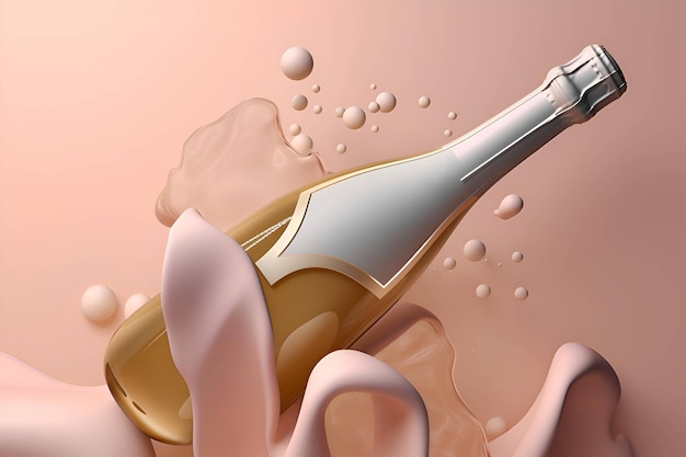 A bottle of champagne on a pink background Generative AI 2