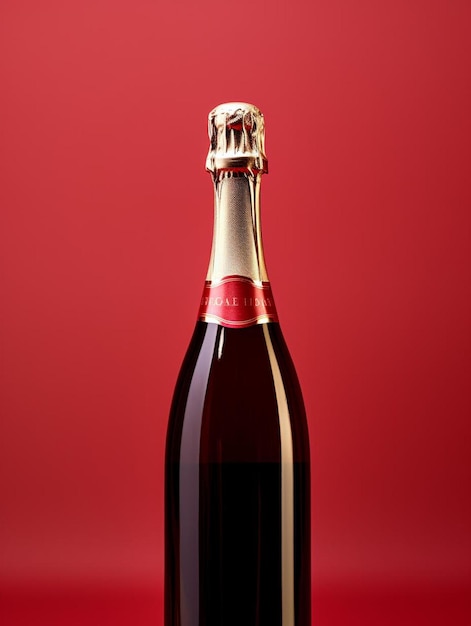 bottle of champagne on red background