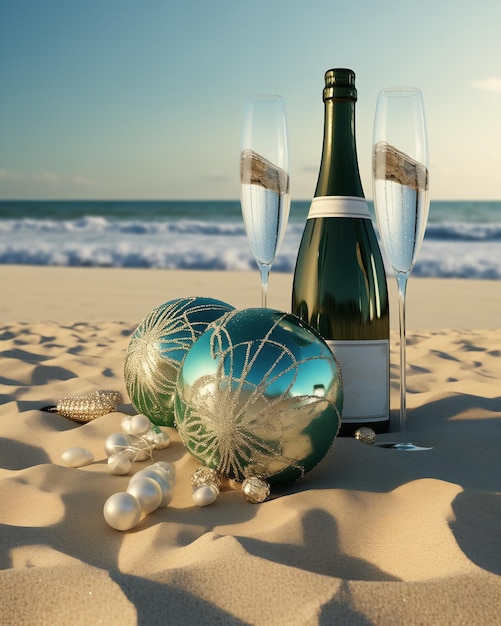 A bottle of champagne in the sand in the style of a silver party