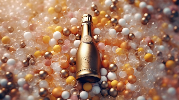 a bottle of champagne sits in a ball of balls.