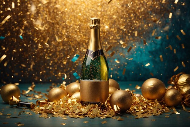 Bottle of champagne with golden confetti on bokeh background