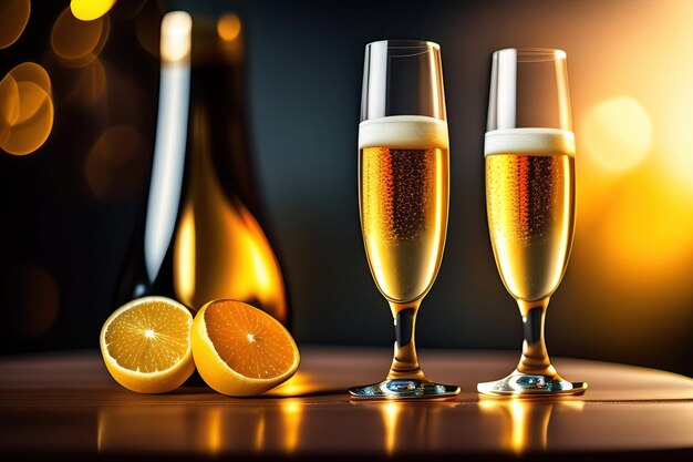 a bottle of champagne with orange slices and a bottle of champagne.