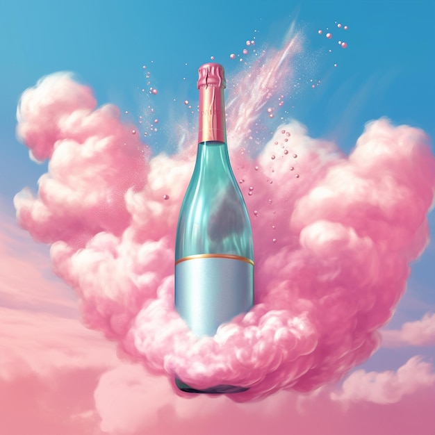 бутылка шампанского с розовой лентой сверху.