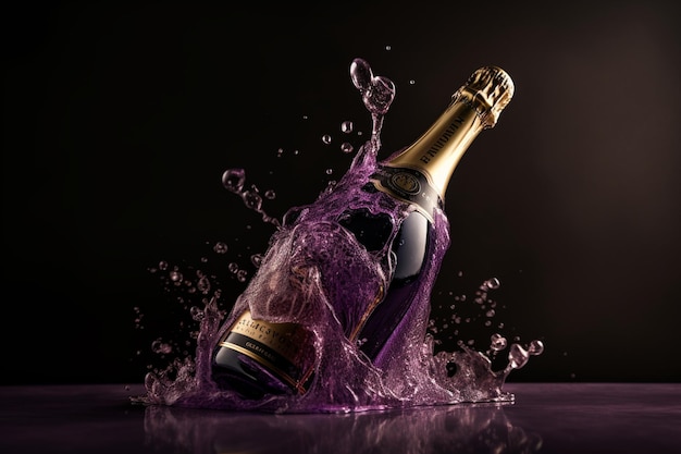 A bottle of champagne with a purple label that says'champagne '