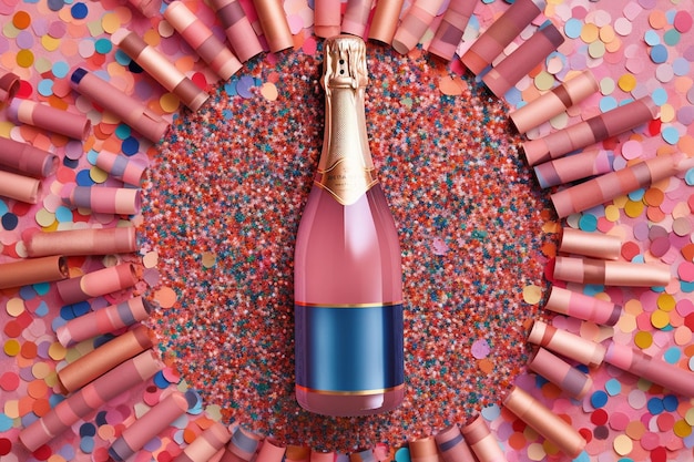 a bottle of champagne with a red and blue stripe on the bottom.