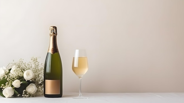 Bottle of champagne with roses and white flowers on a white background for mock up