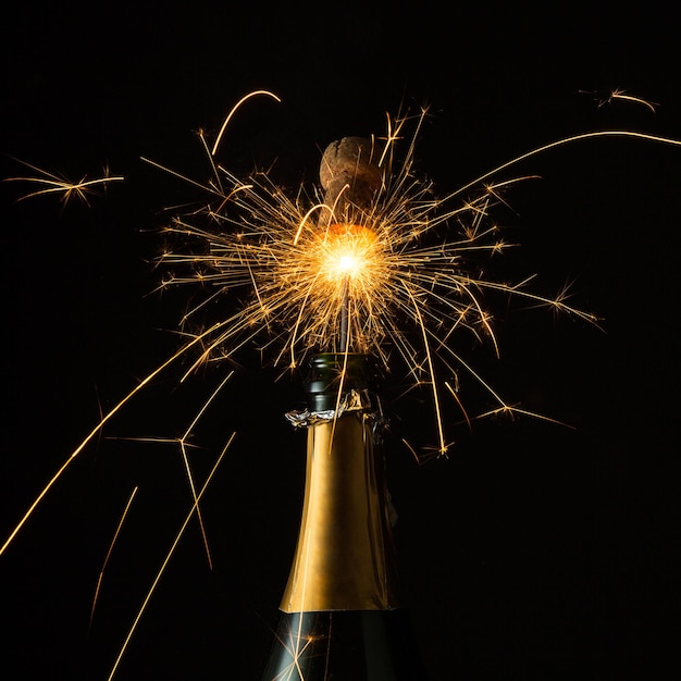 Una bottiglia di champagne con tappo di sughero frizzante scattata in studio con un 5d mark iii.