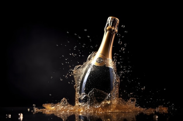 Bottle of champagne with splashes on black background neural network generated photorealistic image