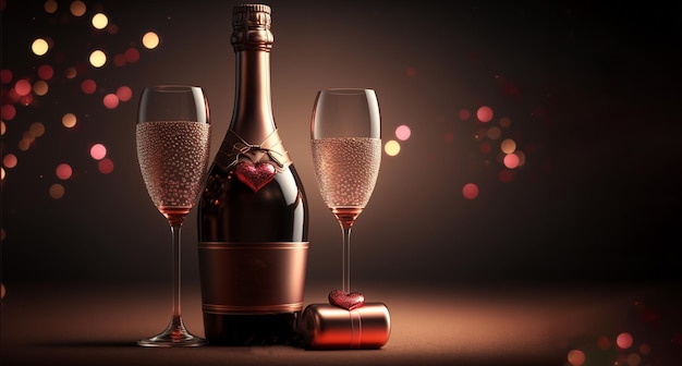 A bottle of champagne with two glasses and a red heart on the label.