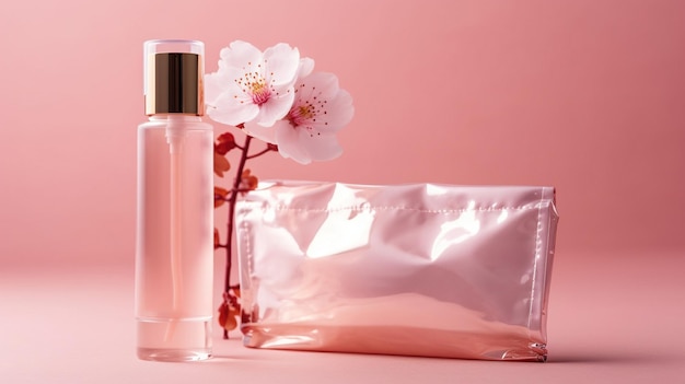 Бутылка лосьона для тела сакуры рядом с розовой сумкой.