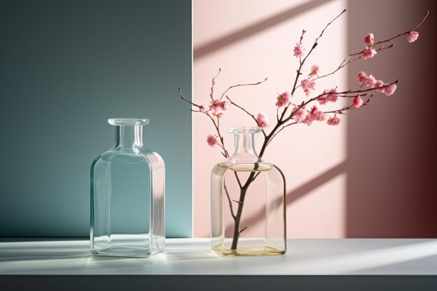 A bottle of cherry blossoms sits on a table next to two other bottles.