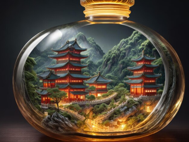 A bottle of chinese buildings is shown with a golden glow.