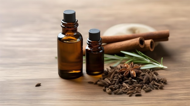 A bottle of cinnamon essential oil next to a bunch of spices.