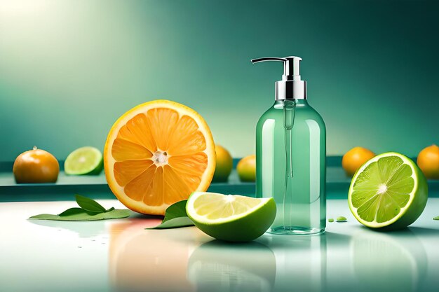 A bottle of citrus soap with a green background