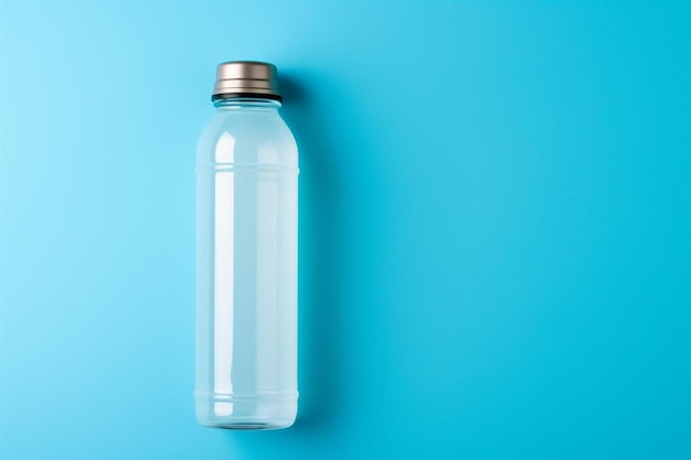 a bottle of clear liquid sits on a blue background.