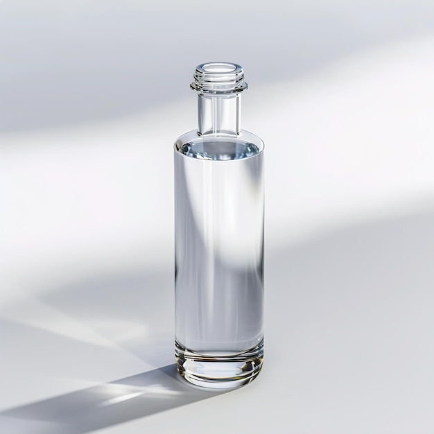 a bottle of clear liquid sits on a white surface