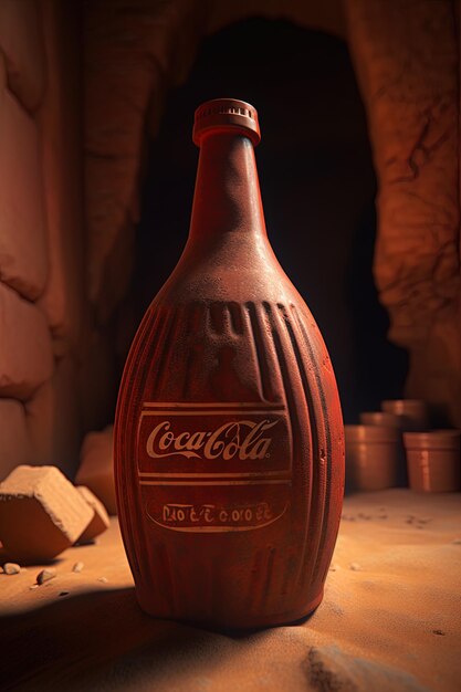 A bottle of coca cola sits on a table.