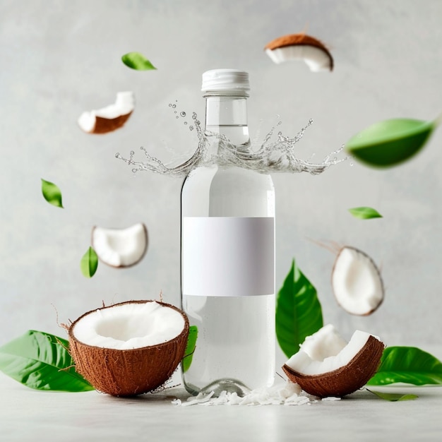 Photo bottle of coconut water with coconut and palm leaves around