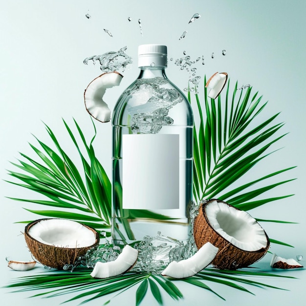 Bottle of coconut water with coconut and palm leaves around