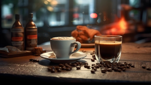 A bottle of coffee and a cup of coffee on a table with a bottle of espresso on the table.