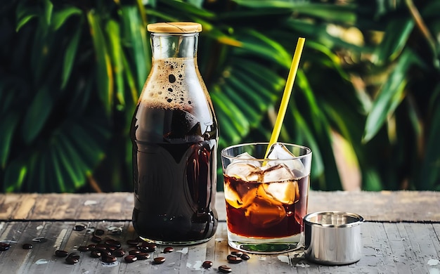 A bottle of cold brew coffee and ice in glass ready for prepare cold brew drink