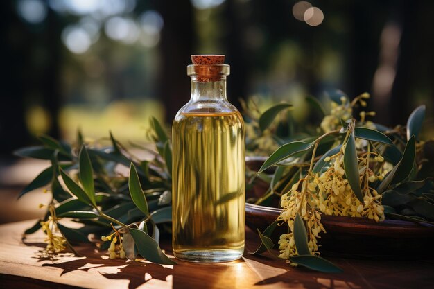 Bottle of cosmetic oil with eucalyptus branches Generative AI